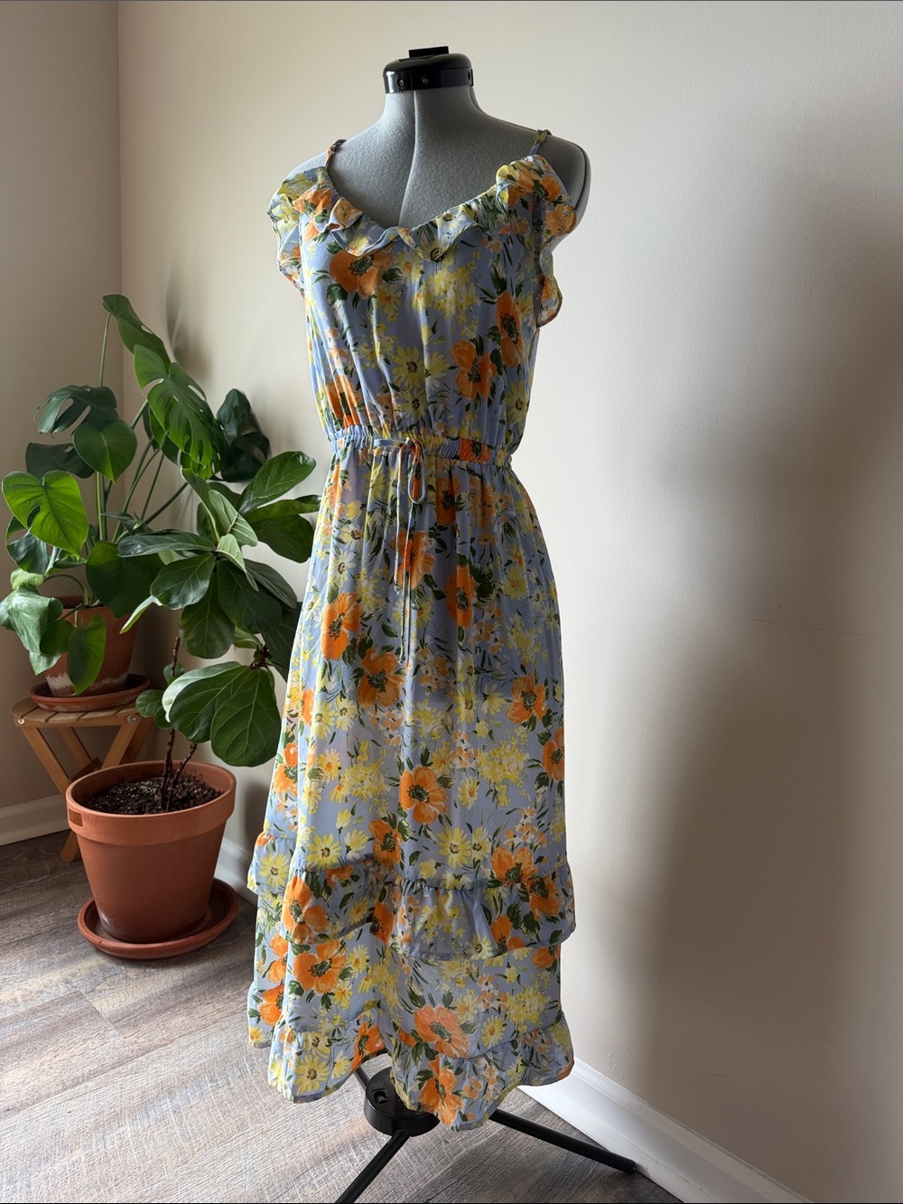 Sienna Sky Light Blue Maxi Dress with Yellow and Orange Floral Print